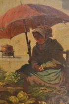 Ernst Schalck, oil on canvas, study of a woman seated beneath a parasol selling vegetables,