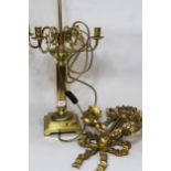 20th Century brass four branch lamp base with reeded column and square stepped base, together with a