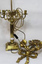 20th Century brass four branch lamp base with reeded column and square stepped base, together with a