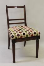 Set of six 19th Century exotic hardwood rail back dining chairs with overstuffed seats, raised on