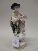 Meissen figure of a shepherd leaning on a tree stump and reaching for a letter carried by a pidgeon,