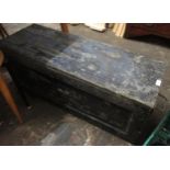 Large grey painted wooden tool chest with hinged fall front (distressed), 110cm long x 46cm high x