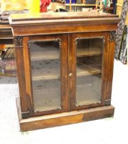 19th Century rosewood side cabinet, the moulded top above a pair of glazed panel doors enclosing