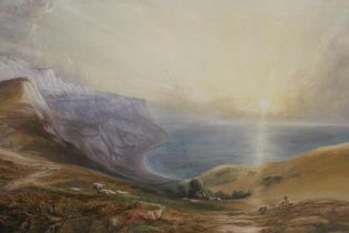 19th Century English school after Turner / Palmer, watercolour, an extensive rocky coastal landscape