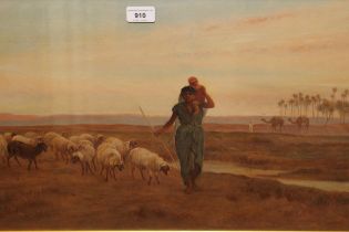 Frederick Goodall RA, oil on canvas, figures, sheep and camels in an Egyptian landscape at moonrise,