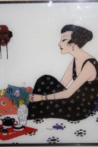 Modern mixed media study of a seated girl taking tea, 26 x 23cm, in an ebonised frame