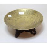 20th Century Chinese circular engraved bronze dish decorated with dragons, 25cm diameter, on a