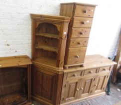 Modern pine five drawer tool chest on bun supports, similar modern pine side cabinet having three