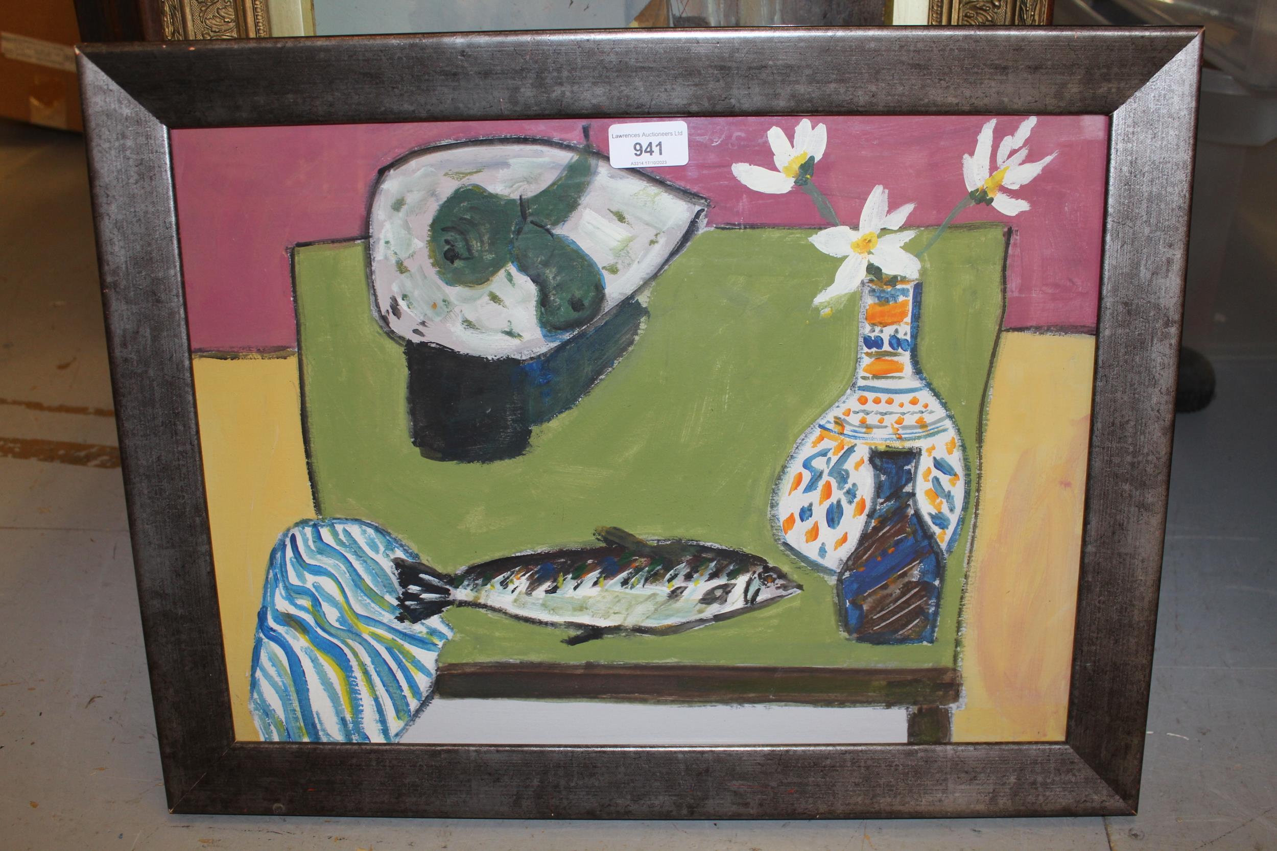 Mid to late 20th Century St. Ives school, oil on board, ' Still life with pears and fish ', - Image 2 of 2