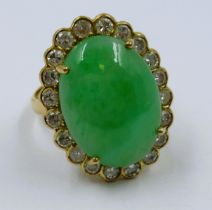 Large French 18ct yellow gold jade and diamond set cocktail ring, size O In good overall