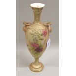 Royal Worcester blush ivory two handled pedestal vase with painted floral decoration (damages at