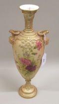 Royal Worcester blush ivory two handled pedestal vase with painted floral decoration (damages at