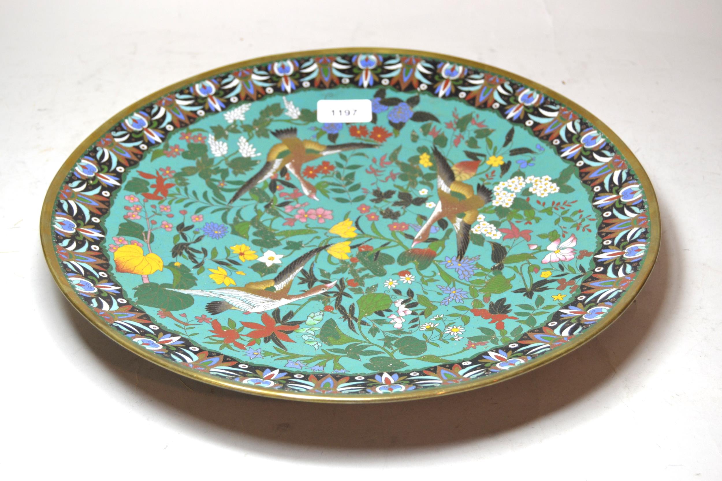 Japanese circular cloisonne wall charger decorated with birds and foliage, 36cm diameter Overall