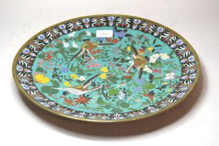 Japanese circular cloisonne wall charger decorated with birds and foliage, 36cm diameter Overall