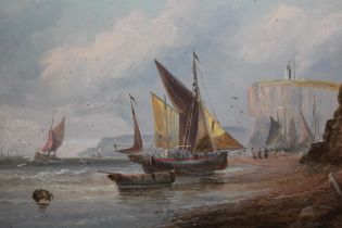 19th Century oil on board, shipping off the Kent coast with various boats and figures, attributed to