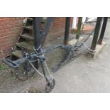 Large antique black painted iron plough, 355cm long x 85cm wide