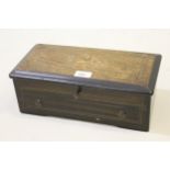 Small 19th Century Swiss musical box, the marquetry inlaid rosewood lid enclosing a 15cm cylinder,