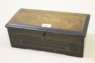 Small 19th Century Swiss musical box, the marquetry inlaid rosewood lid enclosing a 15cm cylinder,