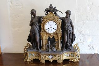 19th Century French gilt spelter and Serves style porcelain clock by Vincenti et Cie, with two