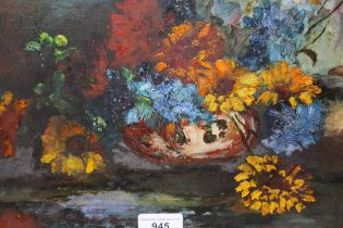 Two Continental still life oil paintings of flowers, indistinctly signed, gilt framed