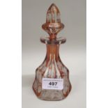 Bohemian amber overlaid clear glass perfume decanter with floral etched decoration, 16cm high