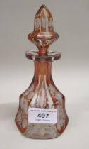 Bohemian amber overlaid clear glass perfume decanter with floral etched decoration, 16cm high