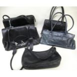 Two black leather handbags by Radley, together with three leather handbags by Osprey