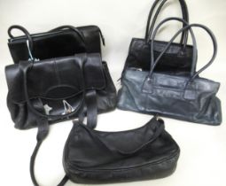 Two black leather handbags by Radley, together with three leather handbags by Osprey