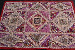 Indian silk and metal threadwork rug of geometric panel design, 150 x 105cm together with a small