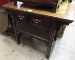 Chinese stained elm altar table with two short drawers on splay supports, 88cm high, 102cm wide,