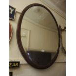Large Edwardian oval mahogany chequer inlaid bevel edged hanging wall mirror, 95 x 74cm Good