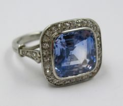 Cornflower blue natural Ceylon sapphire ring, the cushion shaped centre stone of approximately 8.