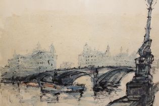 Gerard Nyland, ink and watercolour, view on the Thames, signed and dated '55, 33 x 42cm together