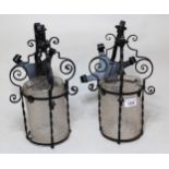 Pair of wrought iron and crackle glass hanging light fittings Chipping to both glasses. Some areas