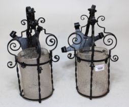 Pair of wrought iron and crackle glass hanging light fittings Chipping to both glasses. Some areas