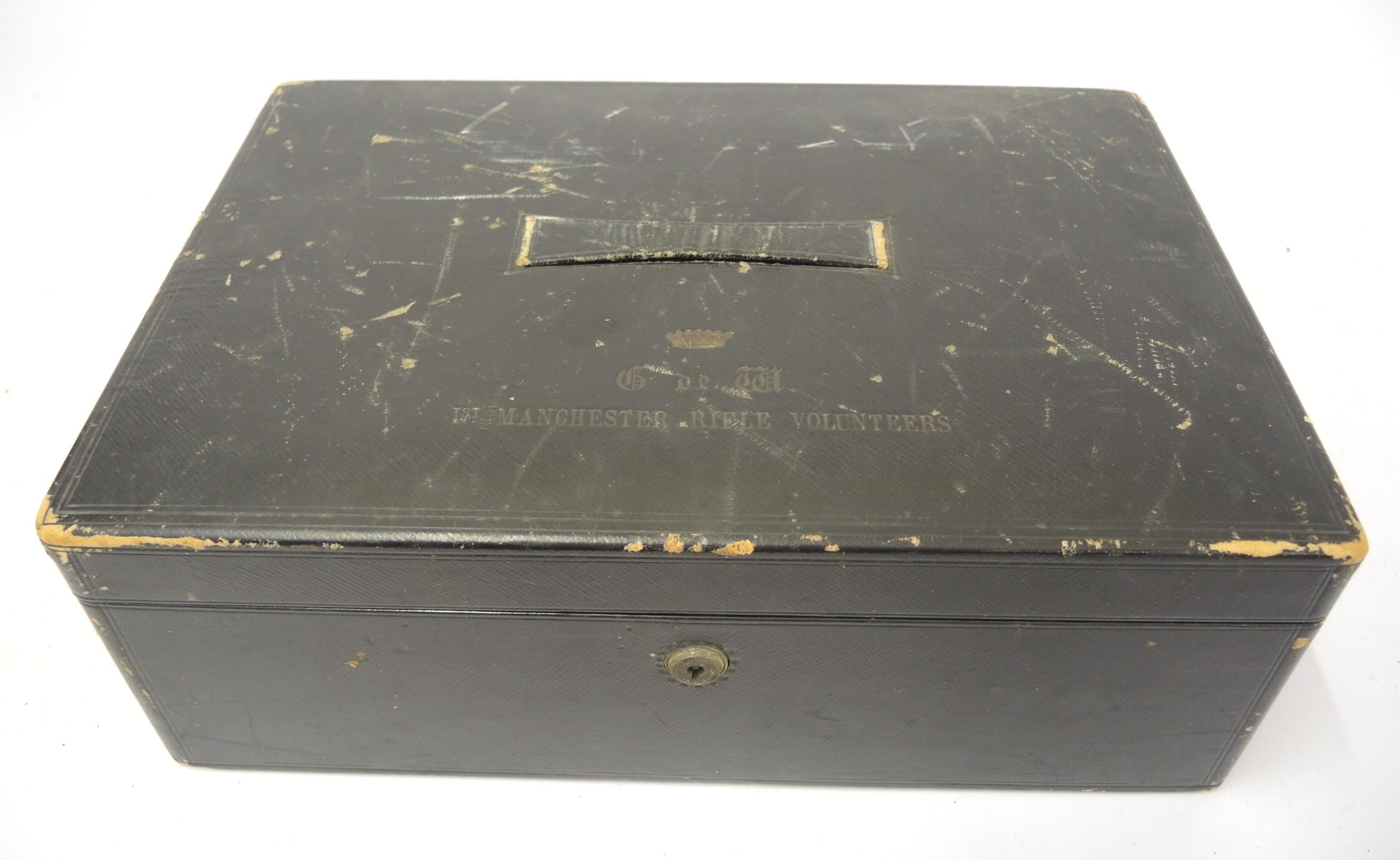 19th Century black leather deed box by Asprey, inscribed ' First Manchester Rifle Volunteers ' There