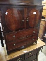 George III mahogany and line inlaid converted commode with two doors above two drawers, 65cm wide