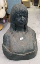Large late 20th Century composition head and shoulder bust of a female, indistinctly signed,