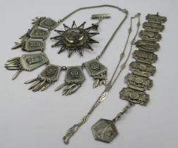 South American silver necklace, silver chain, Paris souvenir bracelet and brooch and another star