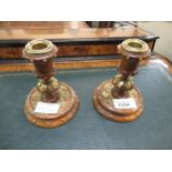 Pair of late 19th / early 20th Century walnut dwarf candlesticks with brass mounts, 12cm high