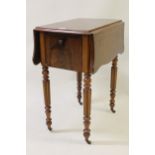 Small 19th Century mahogany shaped drop-leaf work table on turned reeded supports, together with a