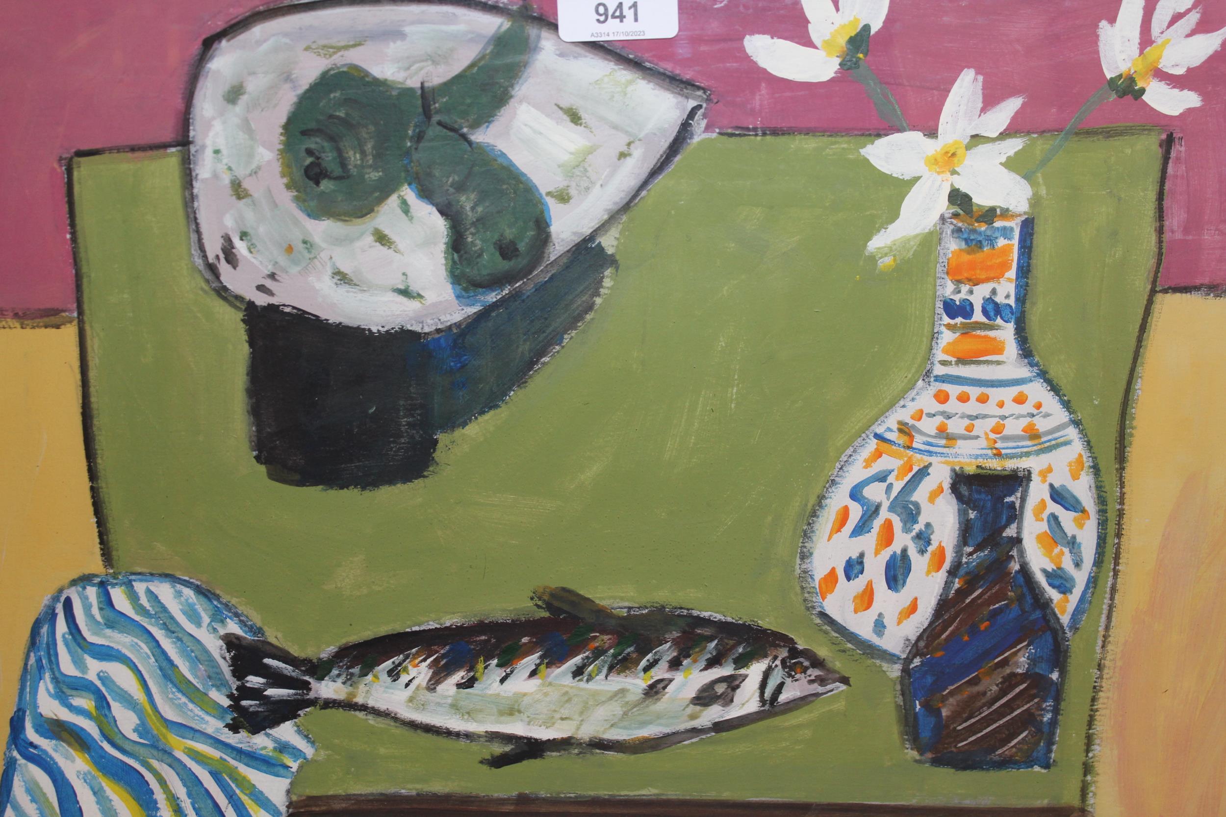 Mid to late 20th Century St. Ives school, oil on board, ' Still life with pears and fish ',