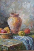 Oil on canvas, still life, fruit and pottery on a table top, signed Denver, 40 x 30cm together