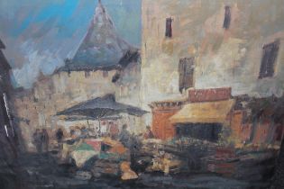 Mid 20th Century Continental school oil on canvas, market scene with figures, indistinctly signed,