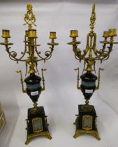 Pair of French black slate, gilt metal and champleve enamel four branch candelabra, 66cm high