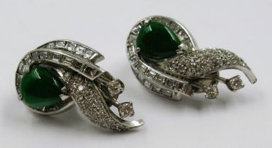 Pair of unmarked high carat white metal diamond and jade earrings of Art Deco design, 22mm drop, 8.