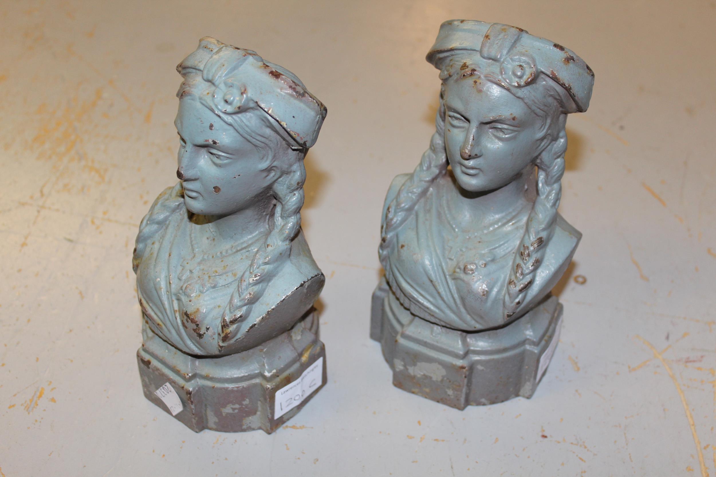 Pair of small 19th Century painted cast iron busts inscribed Alsace, 20cm high