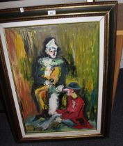 Modern oil on canvas, portrait of two clowns, signed Gallo, 73 x 50cm, together with an oil on