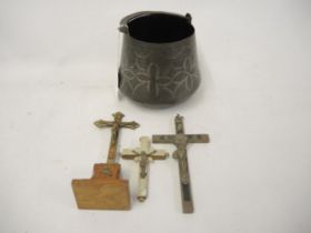 Three various crucifixes and an Eastern steel pot with swing cover Crucifix length 17.5cm
