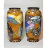 Pair of large Japanese cloisonne baluster form vases decorated with panels of birds, butterflies and